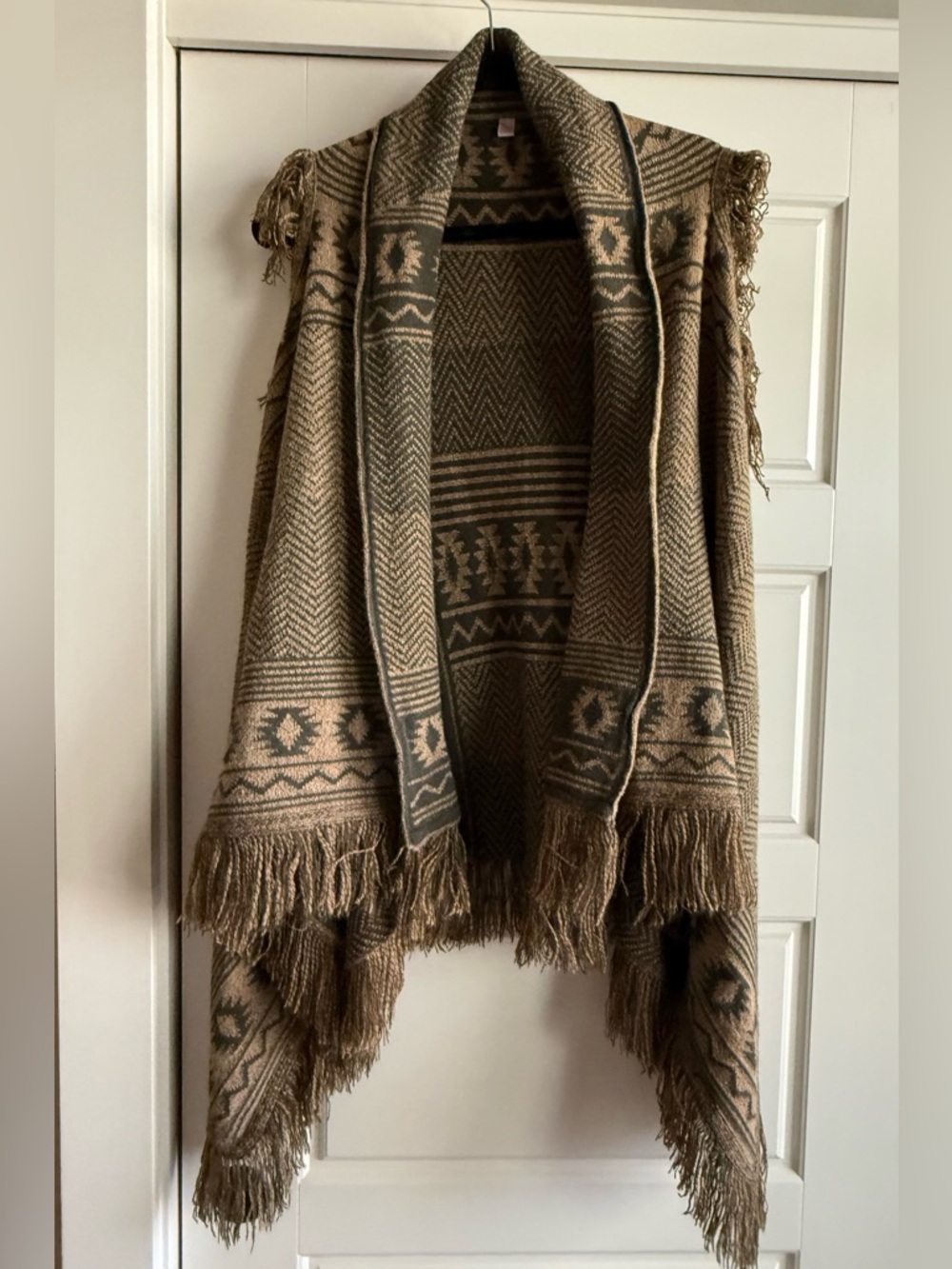 Fringed Aztec Knit Poncho in Taupe and Olive